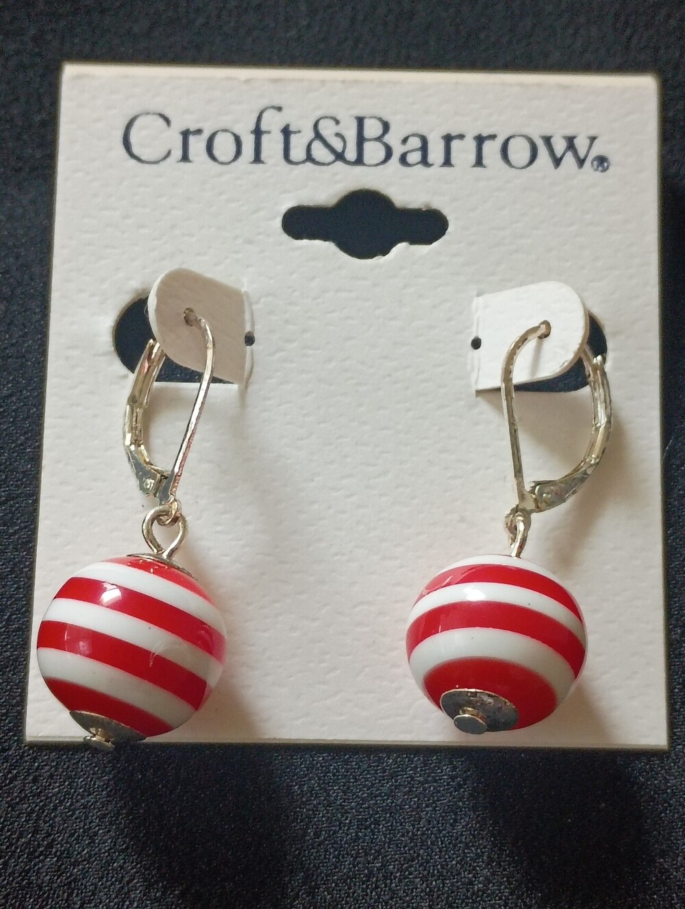 Ball Drop Earrings Red and White Striped Bead Round Statement Fashion Jewelry